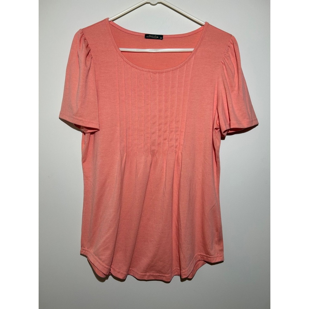 Ofeefan Pink Solid Top Tee Blouse Pullover Pintuck Stretch Women's M